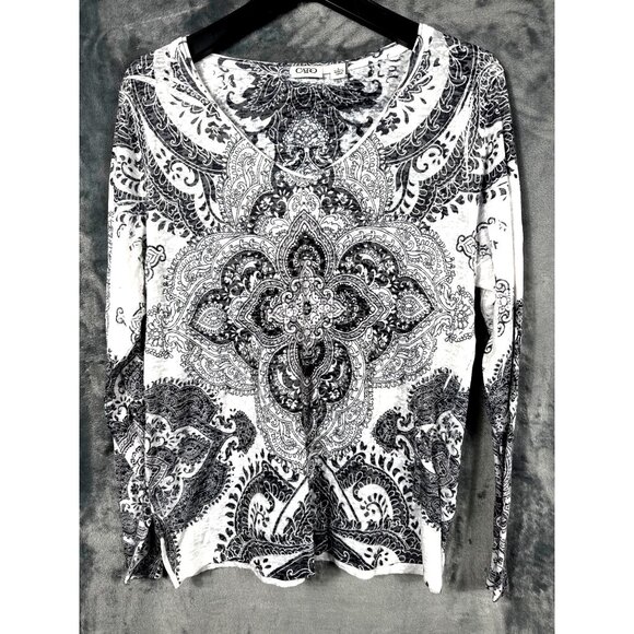 Cato Tops - Cato Womens V-Neck Long Sleeve Top With Black & White Paisley Print - Size L